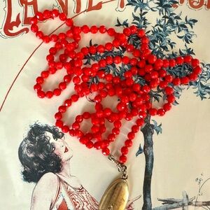 c1920s Czech Glass Beaded Necklace w Antique Gold-Filled Locket